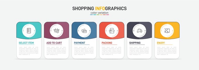 Concept of shopping process with 6 successive steps. Six colorful graphic elements. Timeline design for brochure, presentation, web site. Infographic design layout.