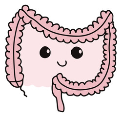Simple gastrointestinal illustration of bowel internal system. Healthy gut concept. Human body parts in vector. Happy gut expression with cute face for probiotics or gastroenterologist field, biology