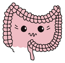 Simple gastrointestinal illustration of bowel internal system. Healthy gut concept. Unhappy abdominal cute expression. Human body parts in vector. For probiotics or gastroenterologist field.
