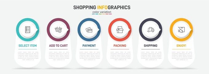 Concept of shopping process with 6 successive steps. Six colorful graphic elements. Timeline design for brochure, presentation, web site. Infographic design layout.