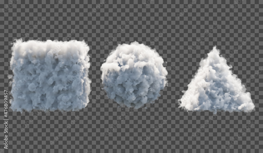 Poster vector illustration. set of fluffy clouds from a cube, a sphere and a pyramid or haze on a transpare