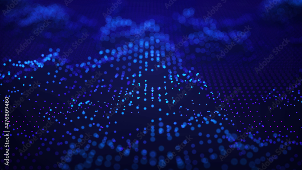 Poster Abstract blue background of points. Falling cyber particles. Big data stream. 3d rendering