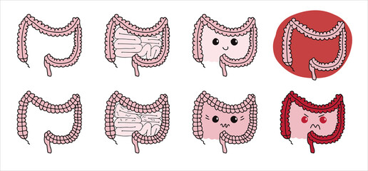 Simple gastrointestinal illustration set of bowel internal system. Healthy gut concept. Human body parts in vector. For probiotics or gastroenterologist field.