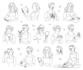 Collection. The life of a woman. Silhouettes of a lady with a cup, pen, knitting, phone, book in modern one line style. Solid line, outline for posters, stickers, logo. Set of vector illustrations.