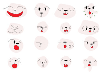 Cartoon faces. Comic watching face, funny facial  face expressions and human emotions happy and crying sad doodle face vector illustration set. glance stickers