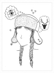 Hand drawn vector of a girl wearing a trapper hat thinking about taking photos of deer