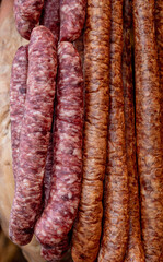traditional Romanian sausages hanging on the rope