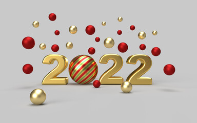 Front View of Gold 2022 with striped christmas bauble and falling red and gold balls on a grey background. 3D rendered Illustration.