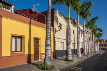 Casas y palmeras en el barrio de pescadores de la ciudad turística del Puerto de la Cruz en el la costa norte de la isla de Tenerife, Canarias