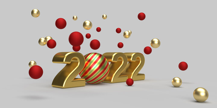 Perspective View of Gold 2022 with striped christmas bauble and falling red and gold balls on a grey background. 3D rendered Illustration.