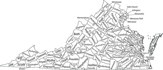 White vector administrative map of the Federal State of Virginia, USA with black borders and name tags of its counties