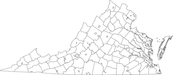 White blank vector administrative map of the Federal State of Virginia, USA with black borders of its counties