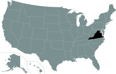 Black highlighted location administrative map of the US Federal State of Virginia inside gray map of the United States of America