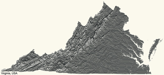Topographic relief map of the Federal State of Virginia, USA with black contour lines on beige background