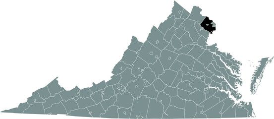 Black highlighted location map of the Fairfax County inside gray administrative map of the Federal State of Virginia, USA