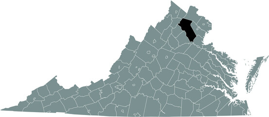 Black highlighted location map of the Fauquier County inside gray administrative map of the Federal State of Virginia, USA