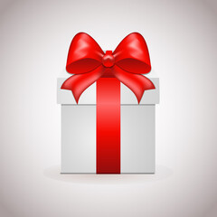 Paper gift box with red bow on light background.Vector illustration