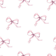 Watercolor Provence cute pink bow seamless pattern. Isolated on white background. Hand drawn illustration. For valentine or birthday cards, linen, textile, save the date, greetings design, wedding.