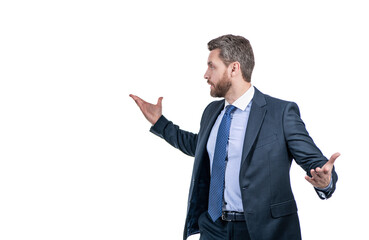Gesticulating wildly. Businessman hold arms wide open gesticulating. Man with wide hand gesture