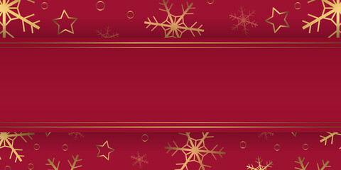 Fototapeta na wymiar Vector winter banner with gold snowflakes, stars, rings on red background. Horizontal backdrop with copyspace.