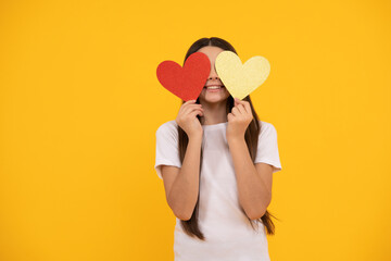 be my valentine. teen girl on yellow background. love present. positive kid with love romantic gift