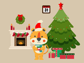 The symbol of the year tiger is waiting for the whole world at the Christmas tree