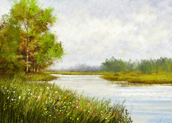 Summer landscape, morning in the forest. Oil paintings landscape with river