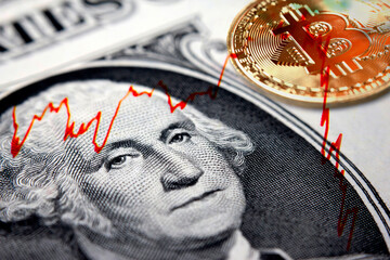 US dollar banknote and graphic illustration of Covid-19 mutations and red financial chart