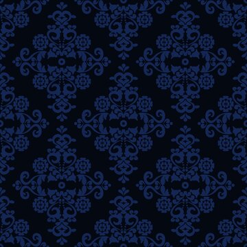 Vintage blue wallpaper with baroque ornamentation. Seamless vector background. Damask pattern for fabric, wallpaper or ceramic tiles.