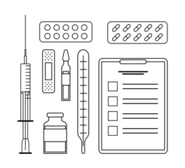 Vector set of medical objects. Line art medicine, vaccine, syringe, patch, pills. Thermometer, survey, bottles