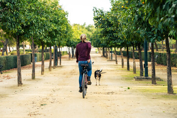 Woman riding a bicycle while walking the dog in a park