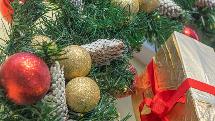 Decoration for the new year and Christmas. Christmas balls, gift boxes.