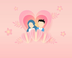 pastel paper heart with love and couple template card for happy valentine day