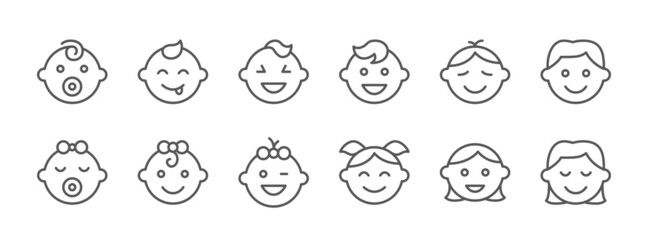 Vector icons of children of different ages, from infant to teenager different gender. Emoticon of life cycle: baby, child, young, adult.