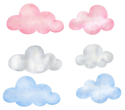 Watercolor clouds of gray, pale pink and blue isolated on a white background. Cute sky decor, children's-style clipart set