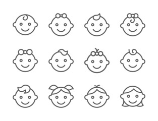 Faces of happy boys and girls emoji set. Line icons of children of different gender. Editable stroke.