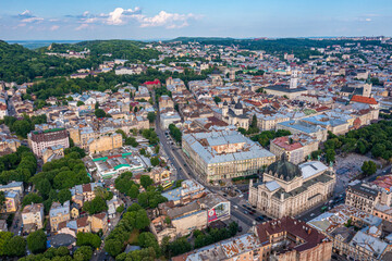 Beautiful aerial view of the Lviv city, historical city center, Ukraine, Western Ukraine. View of the Theatre of Opera and Ballet.