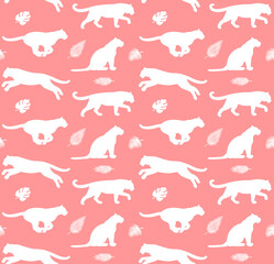 Vector seamless pattern of hand drawn flat tigers and palm leaves silhouette isolated on pink background