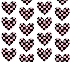Vector seamless pattern of hand drawn doodle sketch chess board checkered texture heart isolated on white background