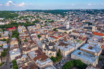 Fototapeta na wymiar Beautiful aerial view of the Lviv city, historical city center, Ukraine, Western Ukraine. View of the Theatre of Opera and Ballet.