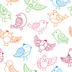 Fototapeta na wymiar Doodle bird wrapper ornament. Outline seamless pattern comic birds. Modern trendy happy scrapbook paper. Hand drawn flat abstract fun sparrow. Repeat clipart vector illustration
