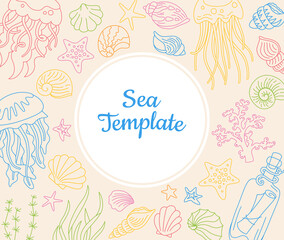 Fototapeta na wymiar Seashells ocean doodle template background. Marine shell multicolor backdrop, starfish mollusk, jellyfish conch outline sink. Print under water drawn design. Contour scrapbook vector
