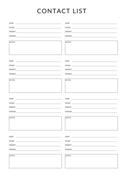 contact list planner templates A4