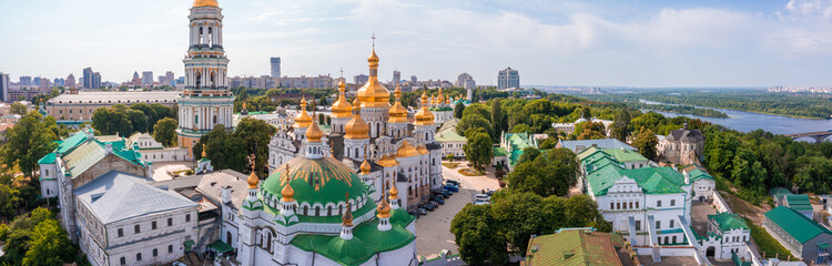 Magical aerial view of the Kiev Pechersk Lavra near the Motherland Monument. UNESCO world heritage in Kyiv, Ukraine. Kiev Monastery of the Caves.