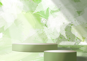 Two Product display podiums with green nature leaves background. 3D rendering. mockup for cosmetic