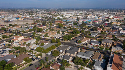 Daytime aerial view of the dense urban core of downtown Stanton, California, USA.