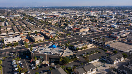 Daytime aerial view of the dense urban core of downtown Stanton, California, USA.