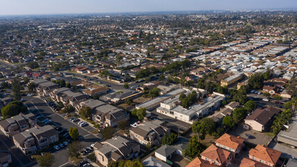 Daytime aerial view of the dense urban core of downtown Stanton, California, USA.