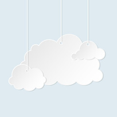 Cloud paper cut white flat set. 3D origami weather infoboard advertising postcard blank banner cloudy file storage. Sticker sale promotion important info discount label icon meteorology cartoon style