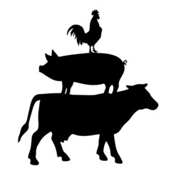 silhouette farm chicken, pig, cow, illustration background design